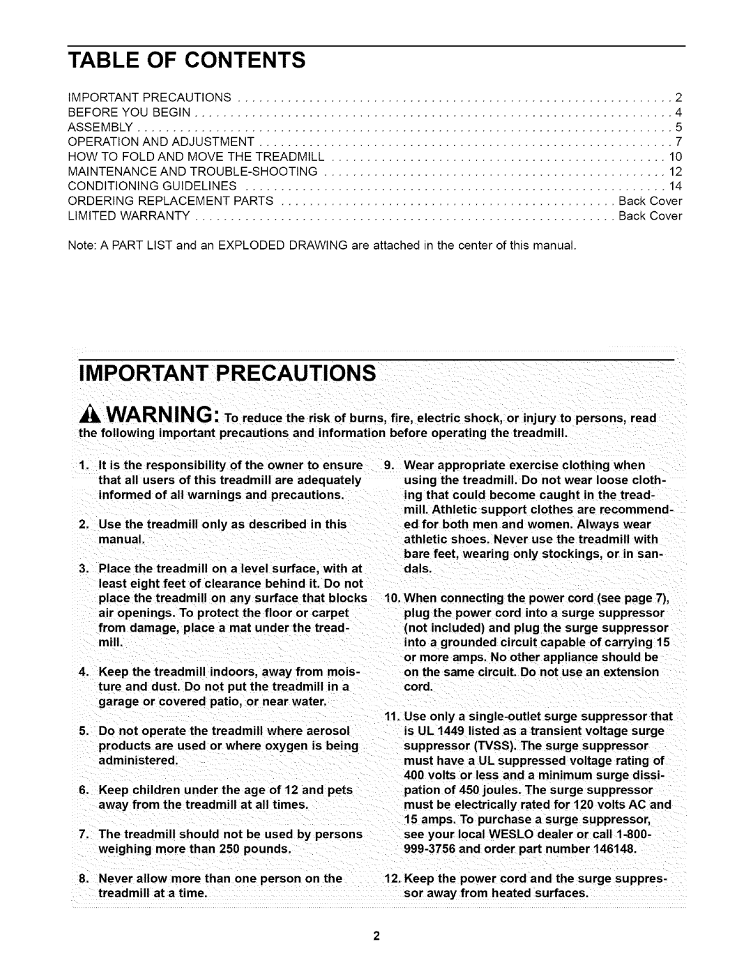 Weslo WLTL29010 user manual Table Of Contents, Important Precautions, Use the treadmill only as described in this manual 