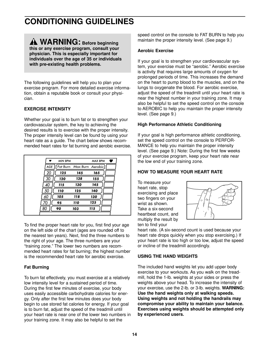 Weslo WLTL29013 Conditioning Guidelines, Exercise Intensity, HOW to Measure Your Heart Rate, Using the Hand Weights 