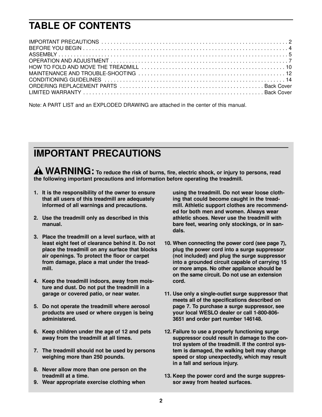 Weslo WLTL29013 user manual Table of Contents, Important Precautions 