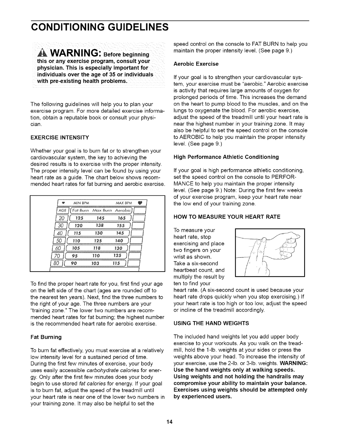 Weslo WLTL29014 user manual Conditioning Guidelines, Exercise Intensity, Fat Burning, Aerobic Exercise 