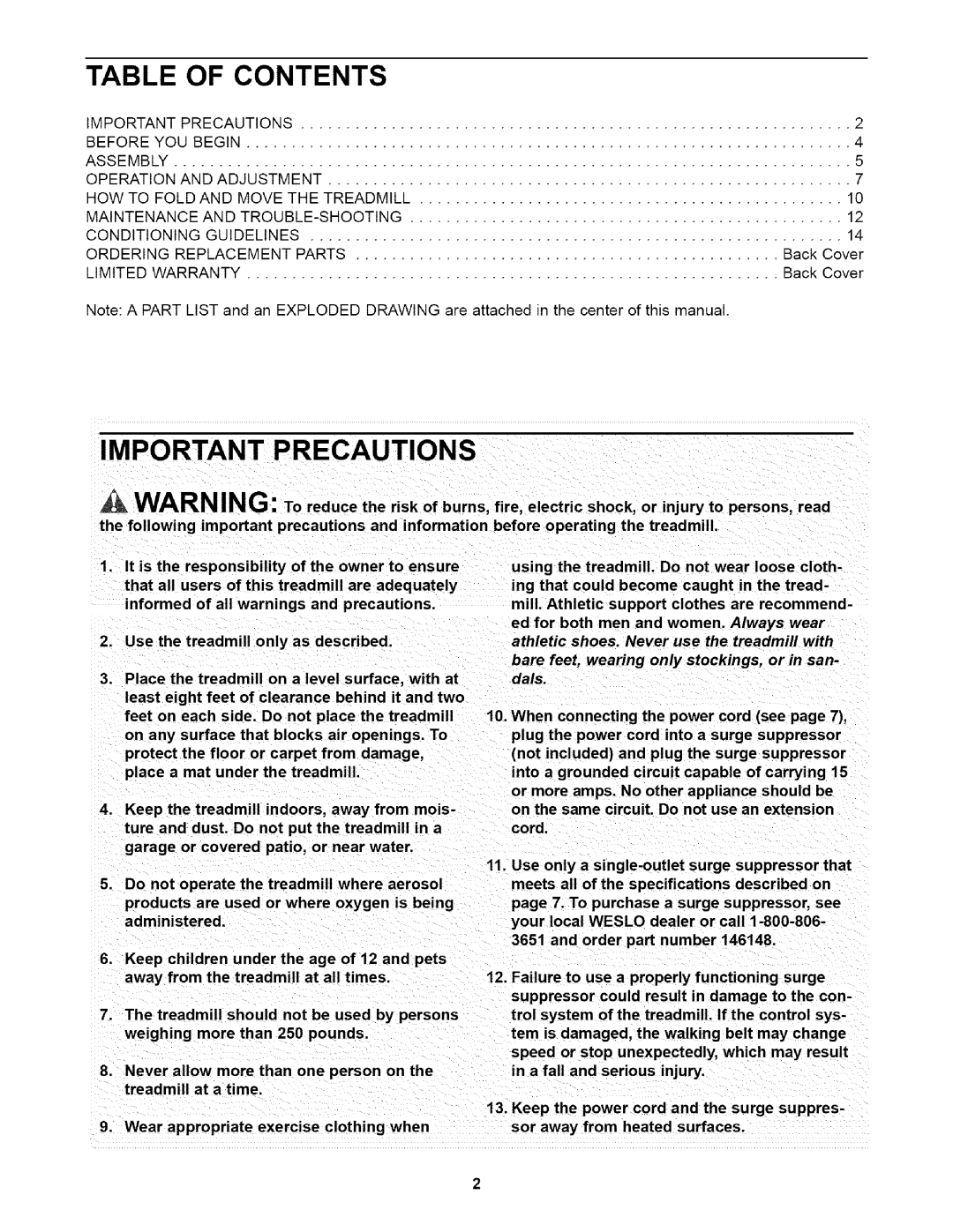 Weslo WLTL29014 user manual Table of Contents, Important Precautions 