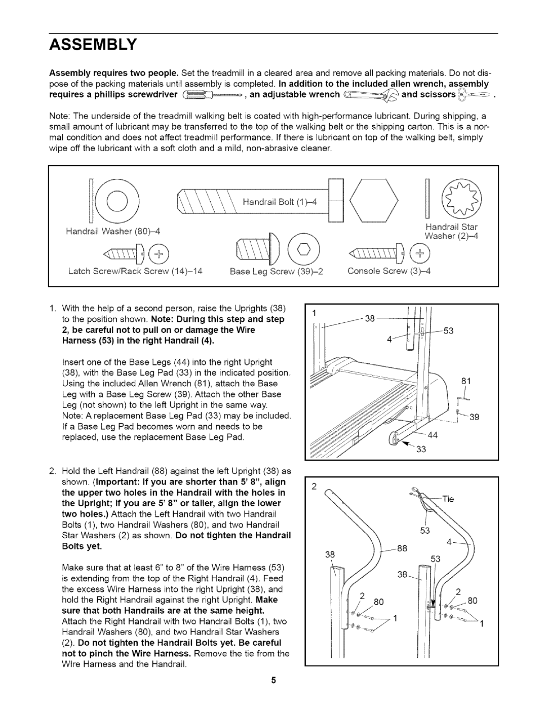 Weslo WLTL29014 user manual Assembly, Harness 53 in the right Handrail 