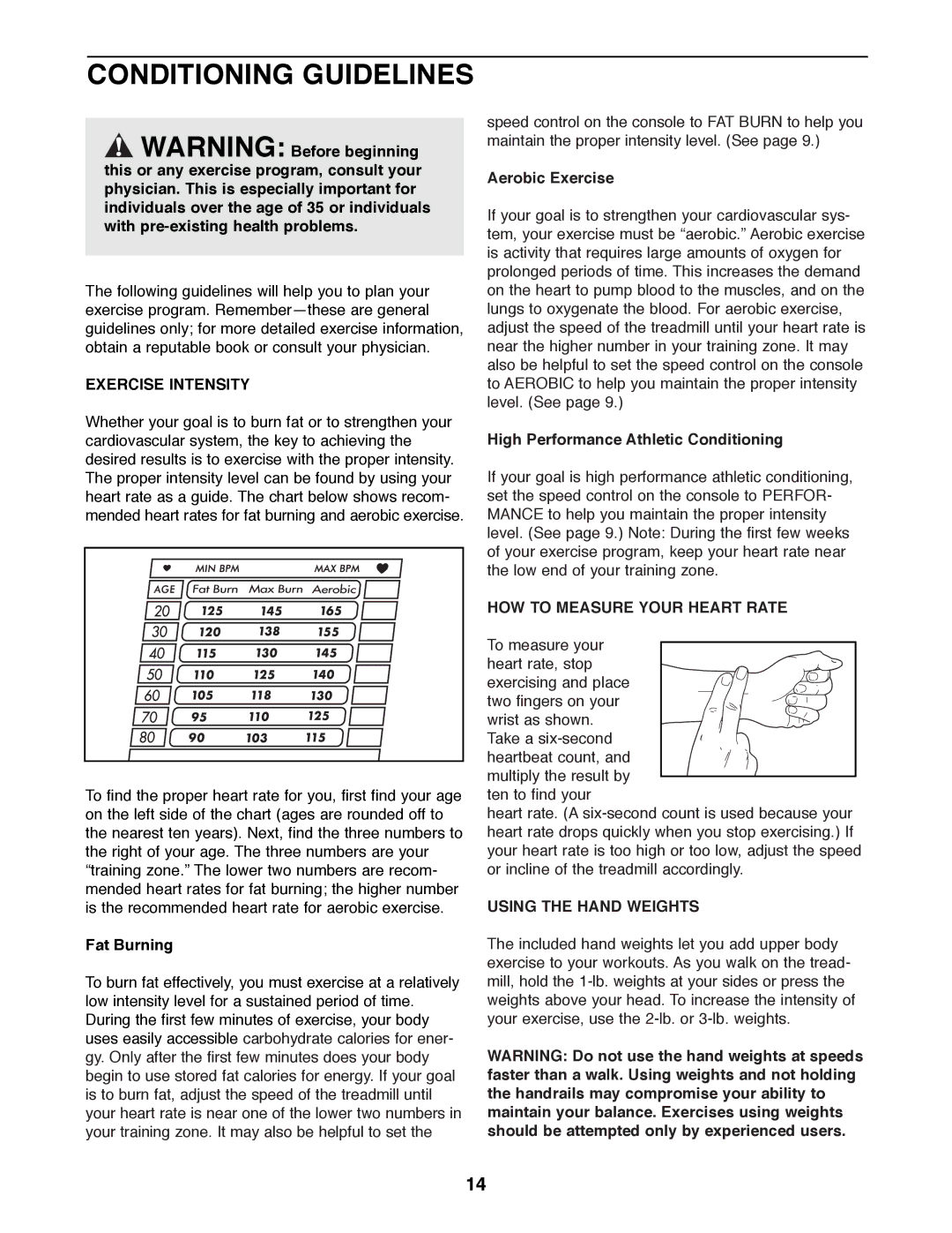 Weslo WLTL29200 Conditioning Guidelines, Exercise Intensity, HOW to Measure Your Heart Rate, Using the Hand Weights 