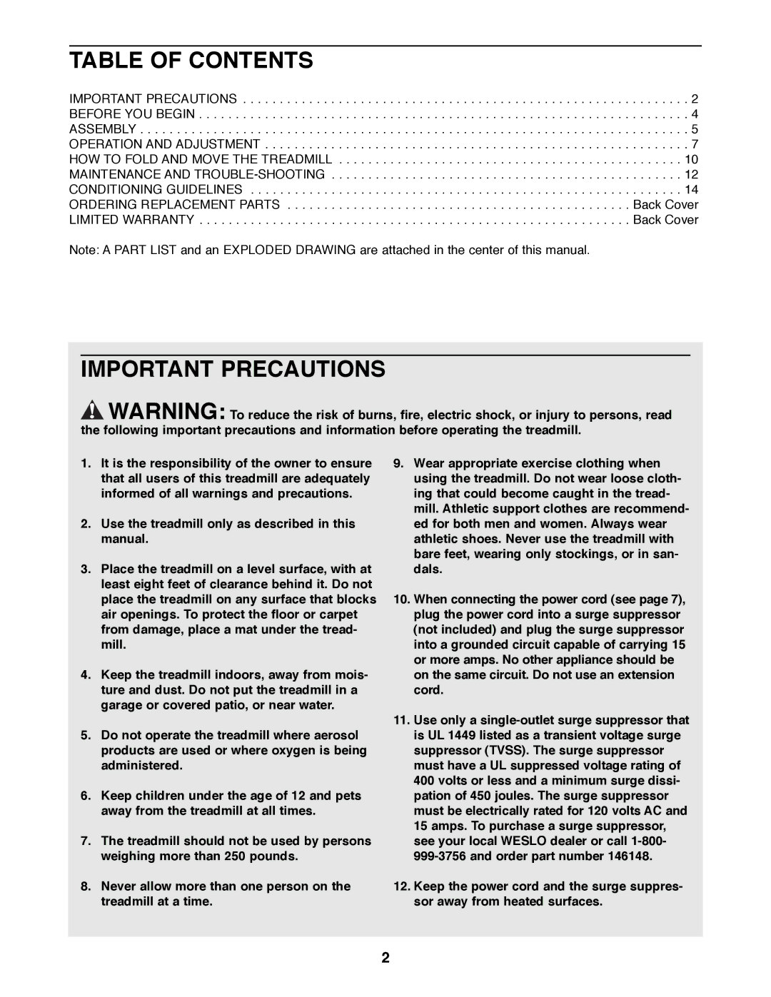 Weslo WLTL29200 user manual Table of Contents, Important Precautions 