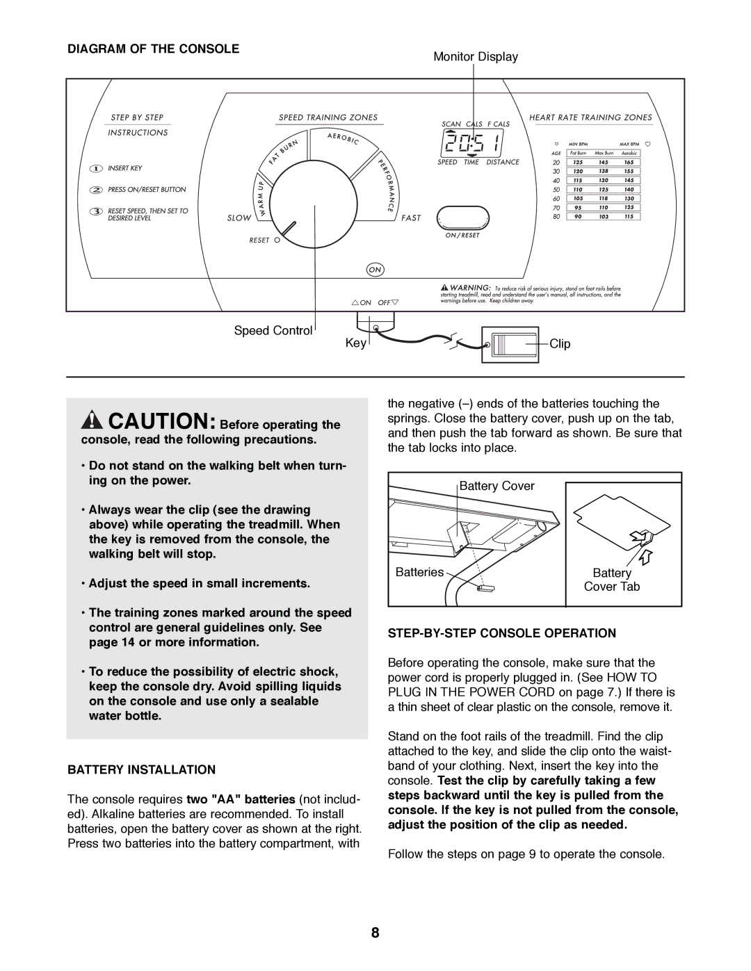 Weslo WLTL29200 user manual Diagram of the Console, Battery Installation, STEP-BY-STEP Console Operation 