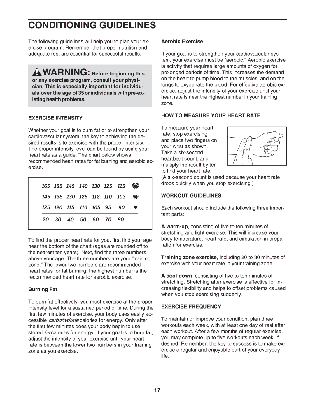 Weslo WLTL29306.0 Conditioning Guidelines, Exercise Intensity, HOW to Measure Your Heart Rate, Workout Guidelines 