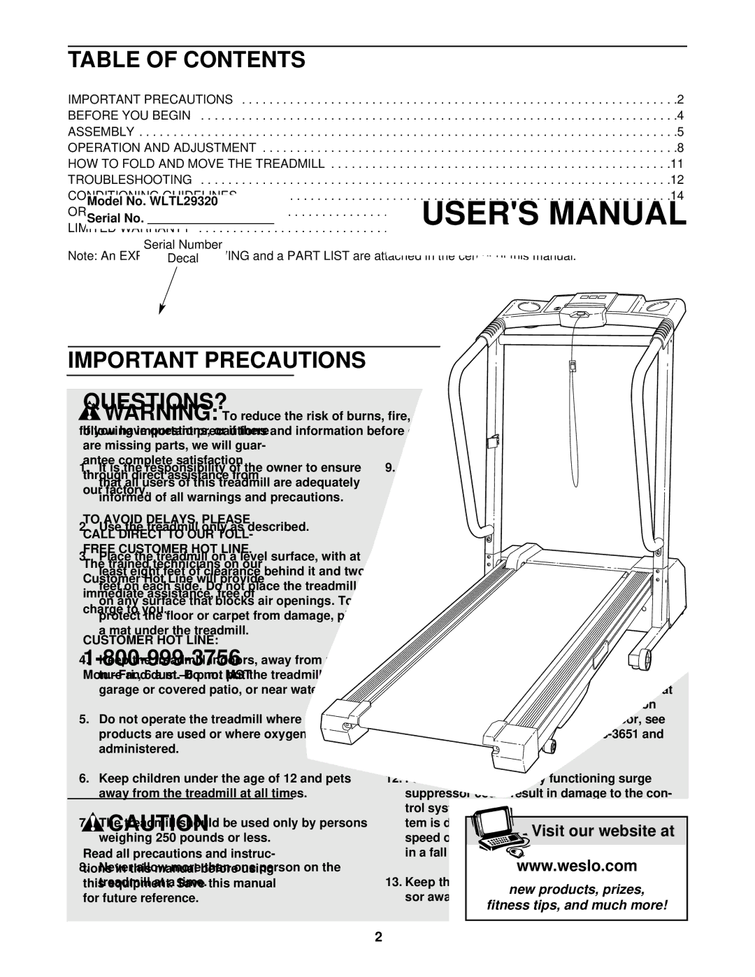 Weslo WLTL29320 user manual Table of Contents, Important Precautions 