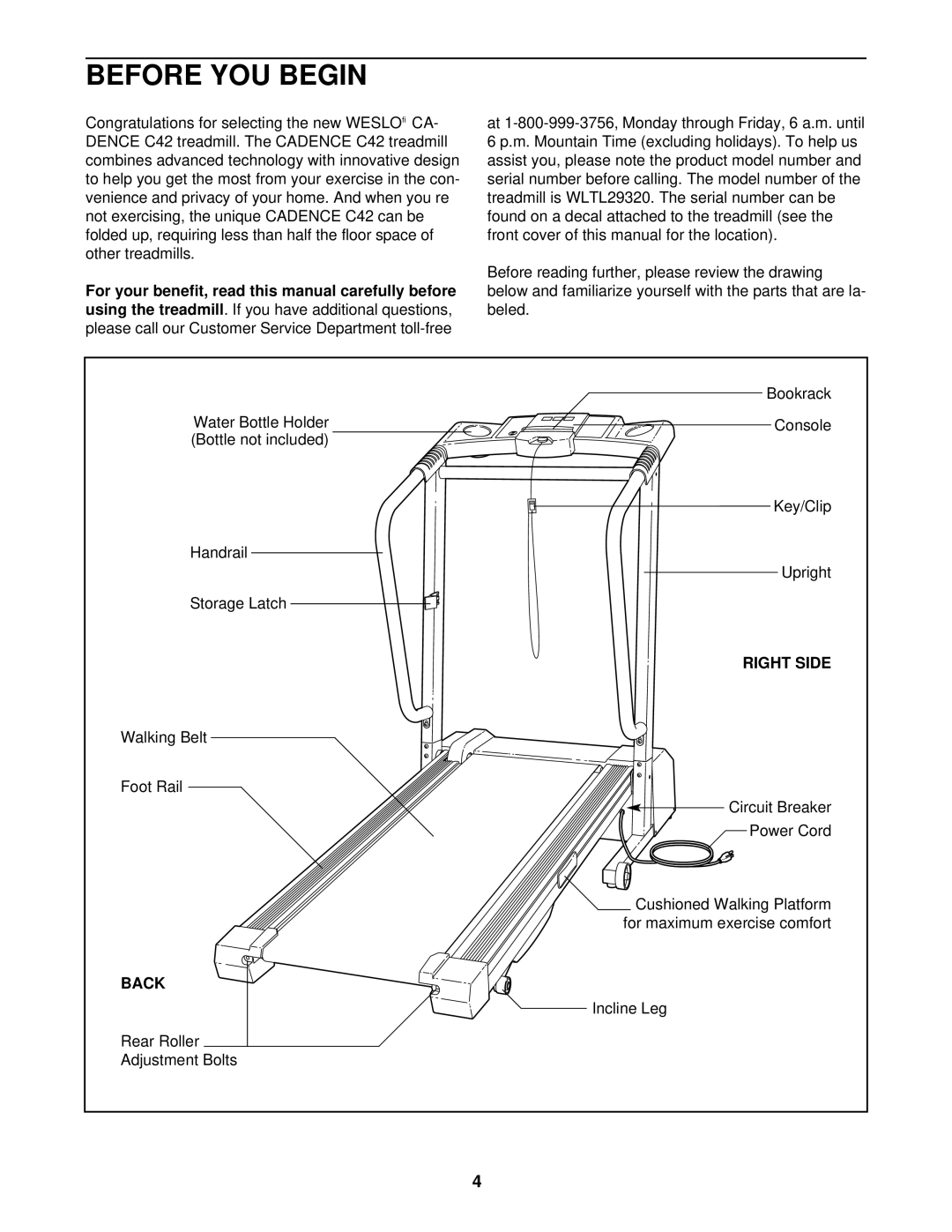 Weslo WLTL29320 user manual Before YOU Begin, Right Side, Back 