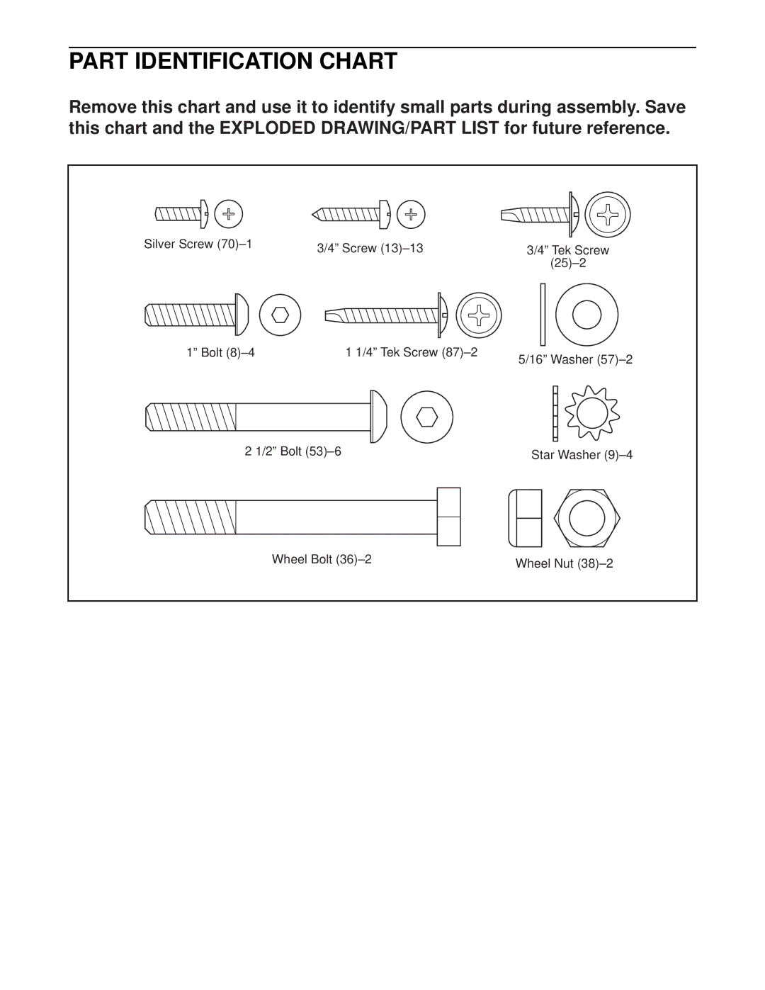 Weslo WLTL29321 user manual Part Identification Chart 