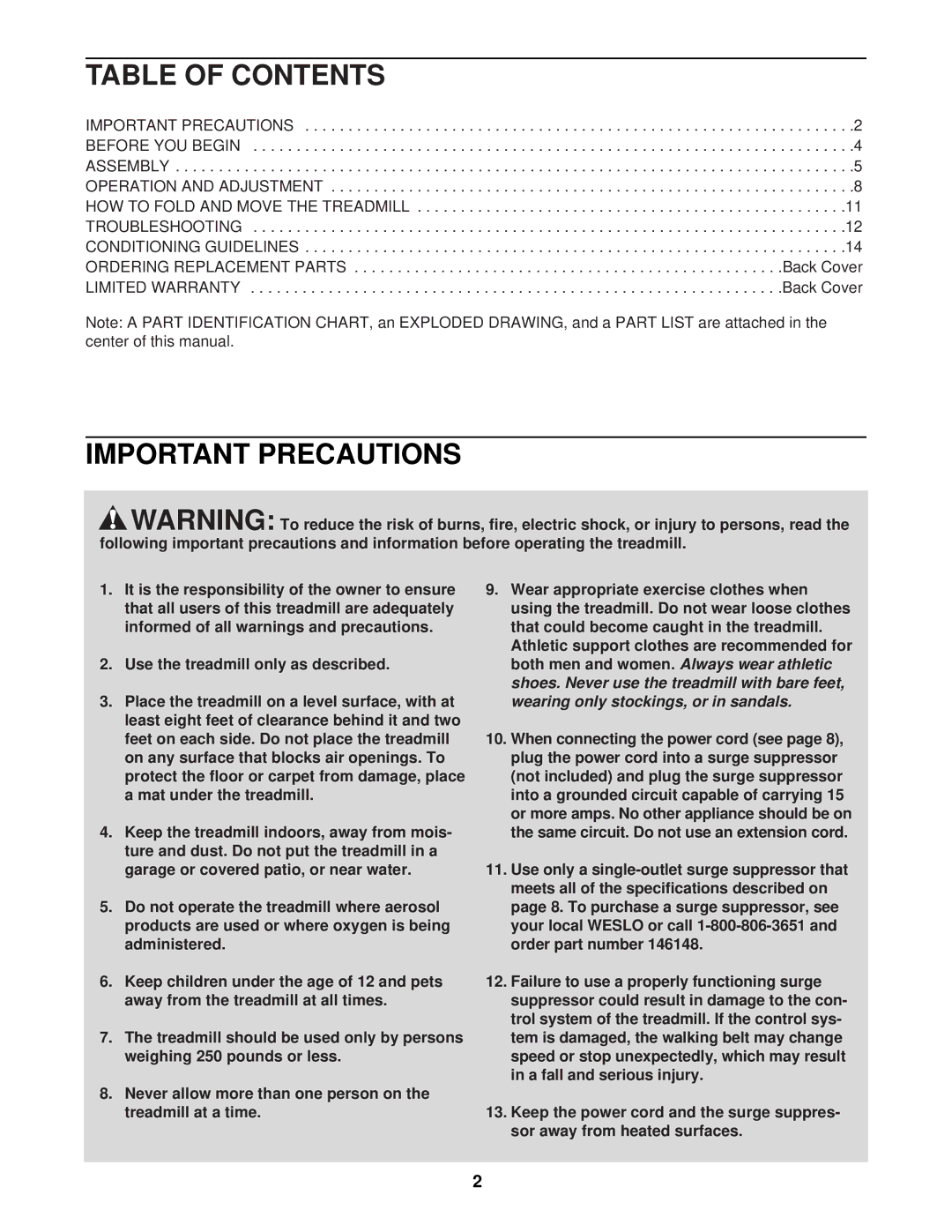 Weslo WLTL29321 user manual Table of Contents, Important Precautions 