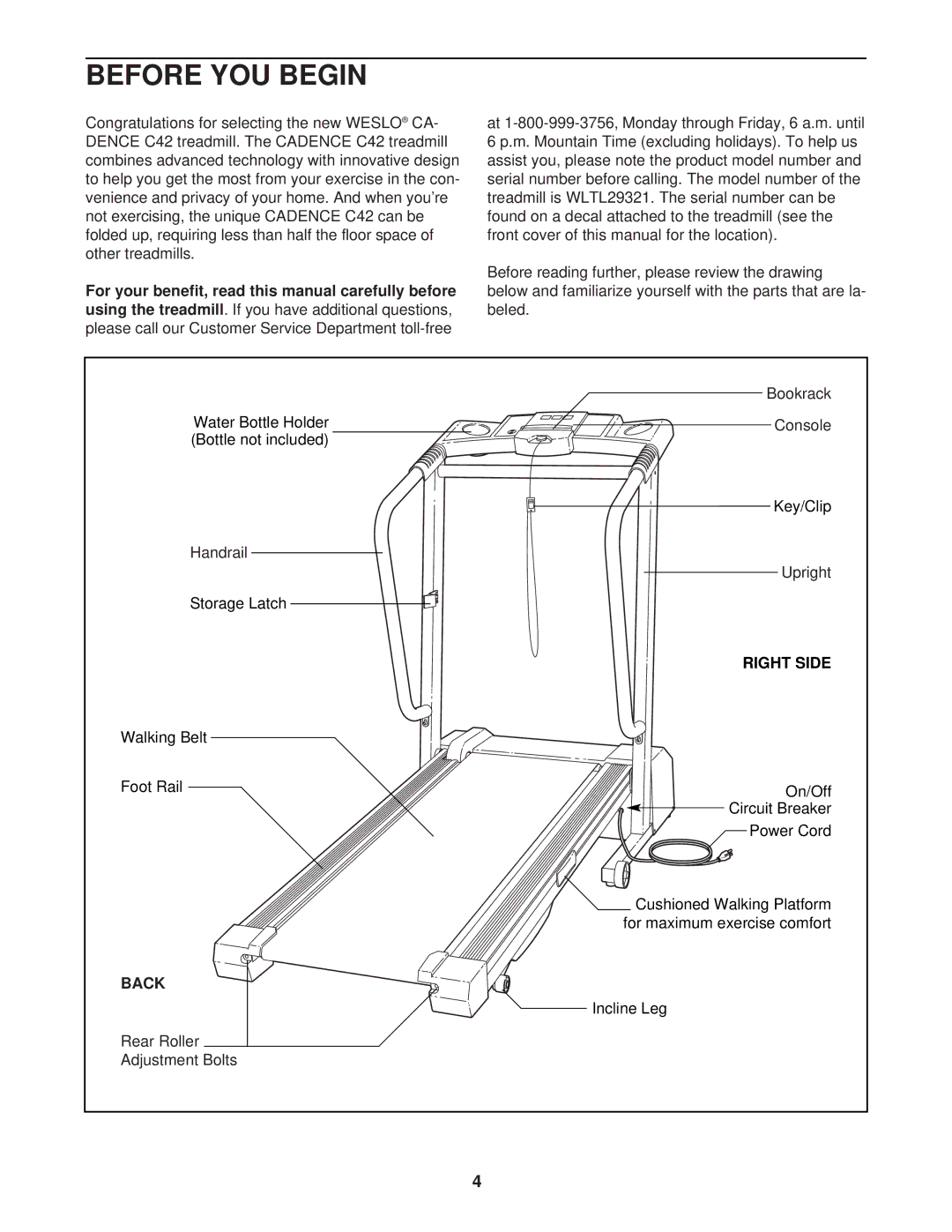 Weslo WLTL29321 user manual Before YOU Begin, Using the treadmill, Right Side, Back 