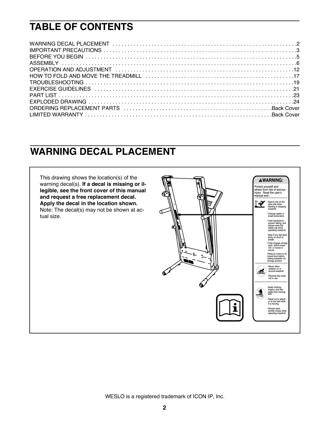 Weslo WLTL29508.0 user manual Table of Contents 