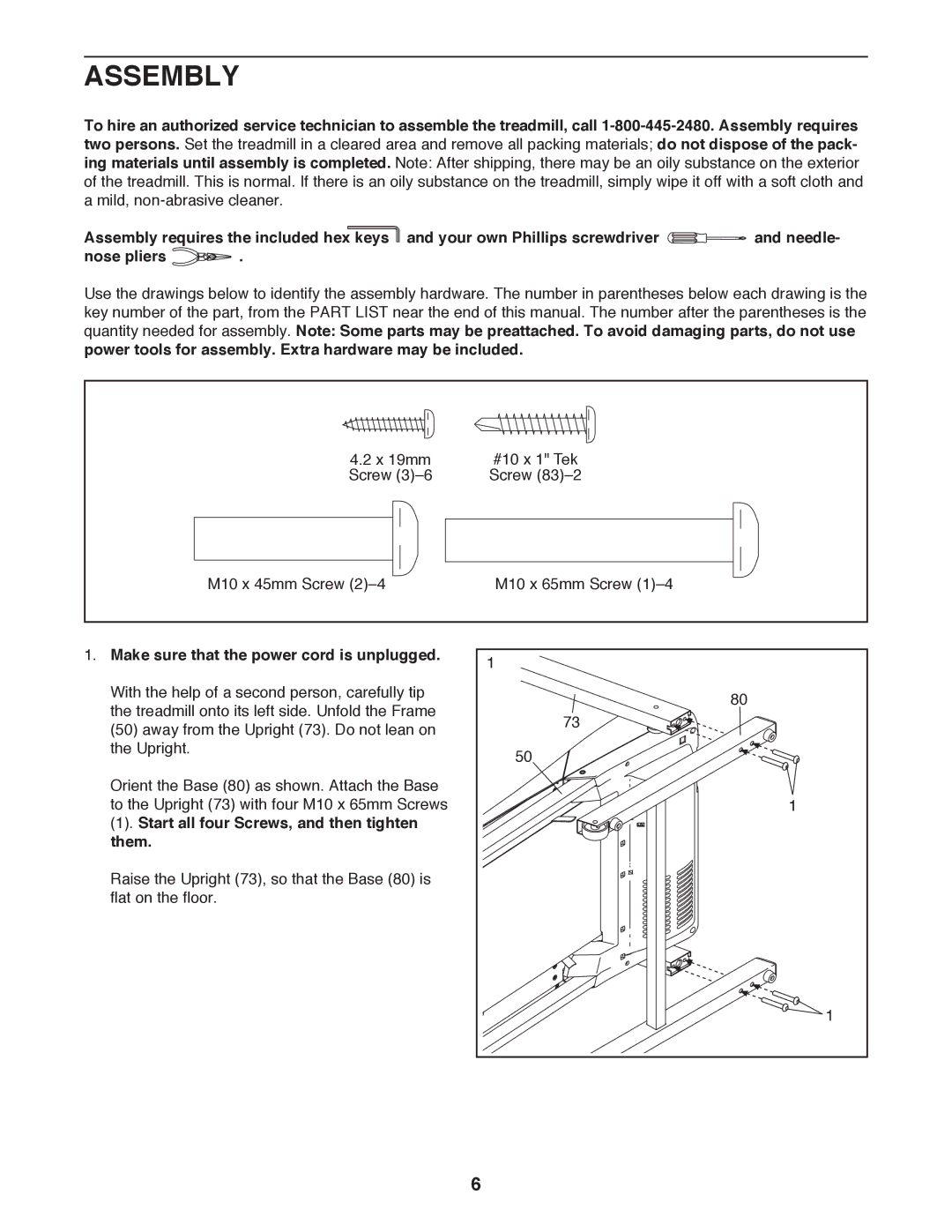 Weslo WLTL29712.0 user manual Assembly, Nose pliers, Make sure that the power cord is unplugged 