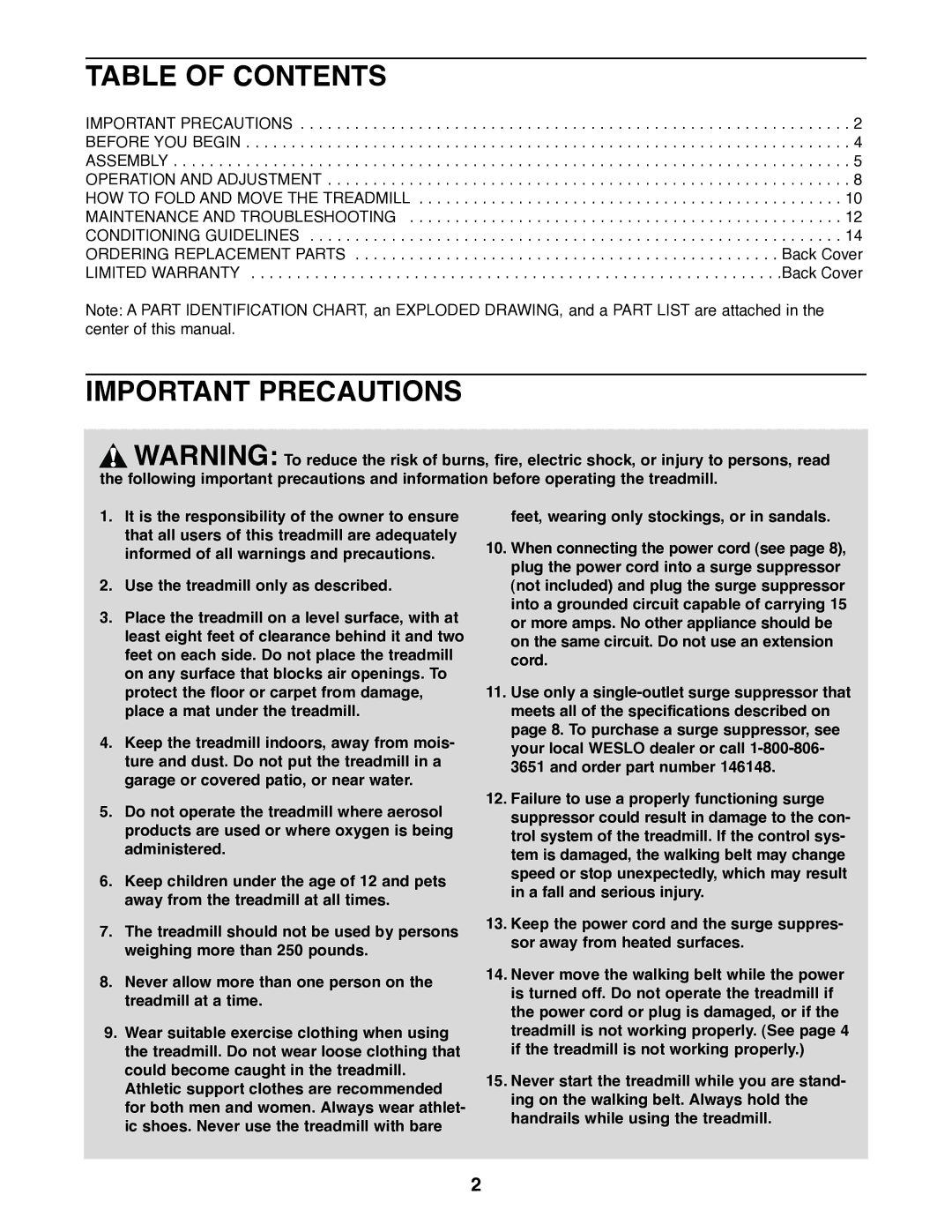 Weslo WLTL29820 user manual Table of Contents, Important Precautions 