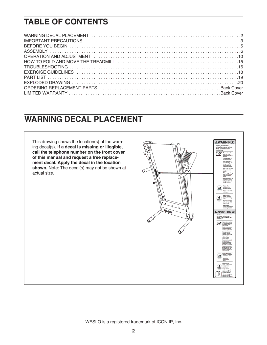 Weslo WLTL29911.0 user manual Table of Contents 