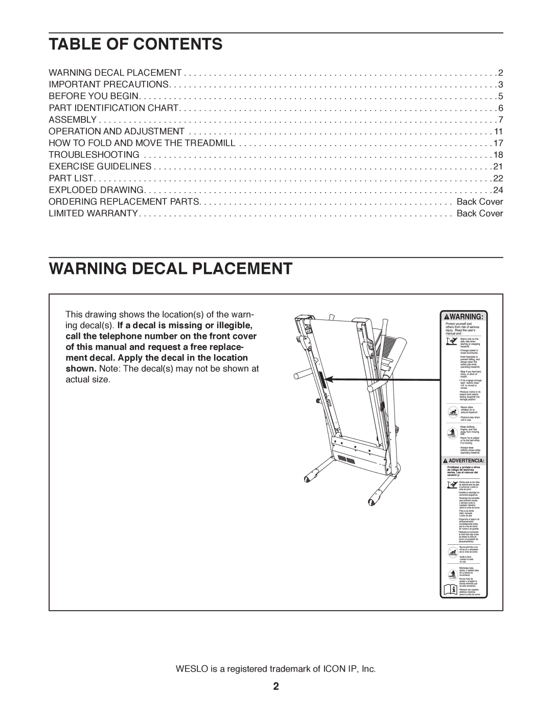 Weslo WLTL31312.0 user manual Table of Contents 