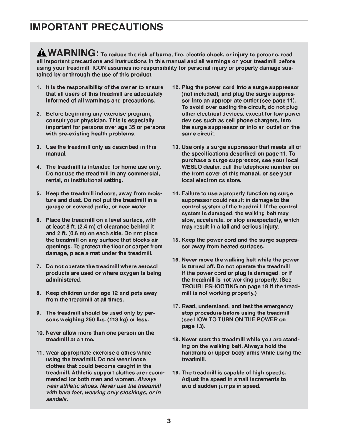 Weslo WLTL31312.0 user manual Important Precautions 