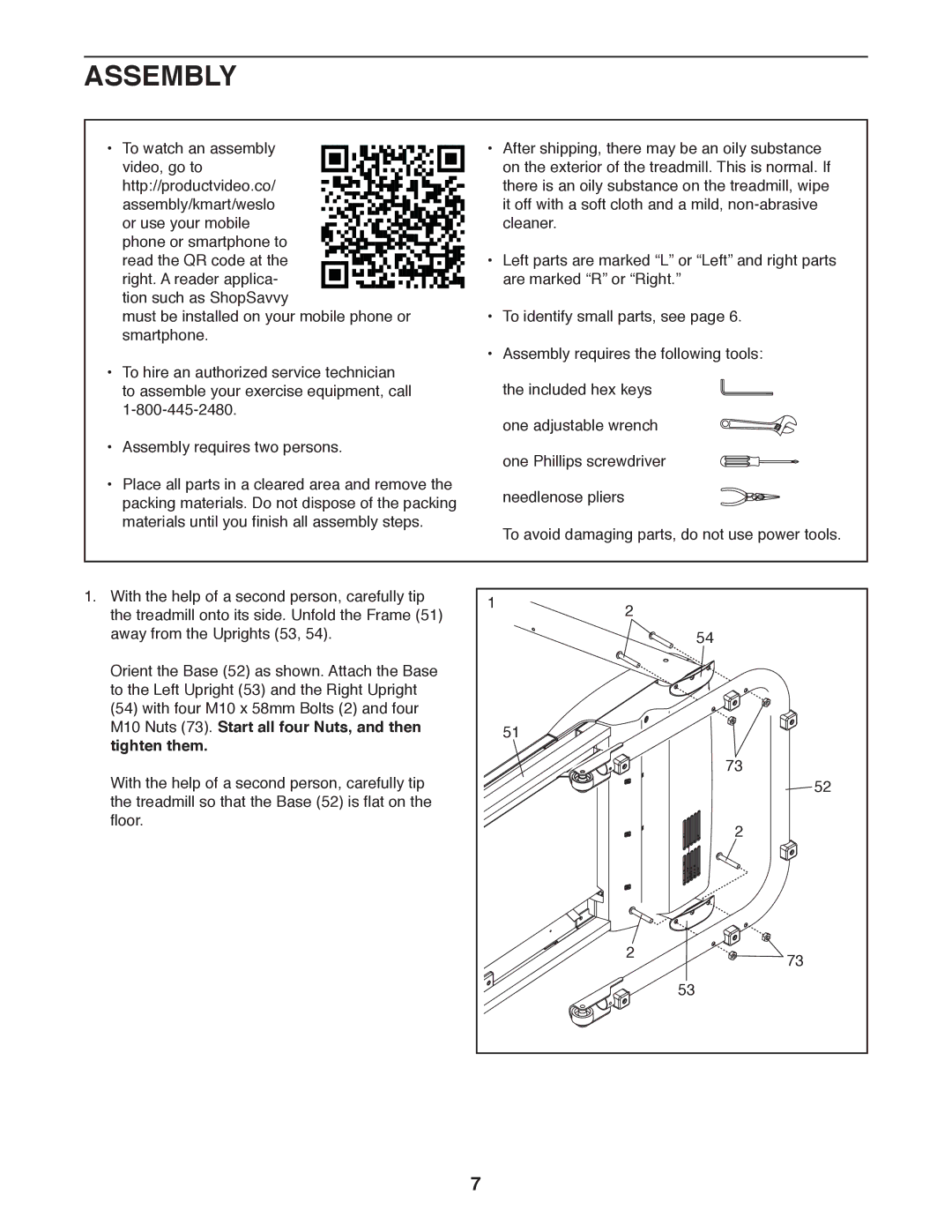 Weslo WLTL31312.0 user manual Assembly, M10 Nuts 73. Start all four Nuts, and then Tighten them 