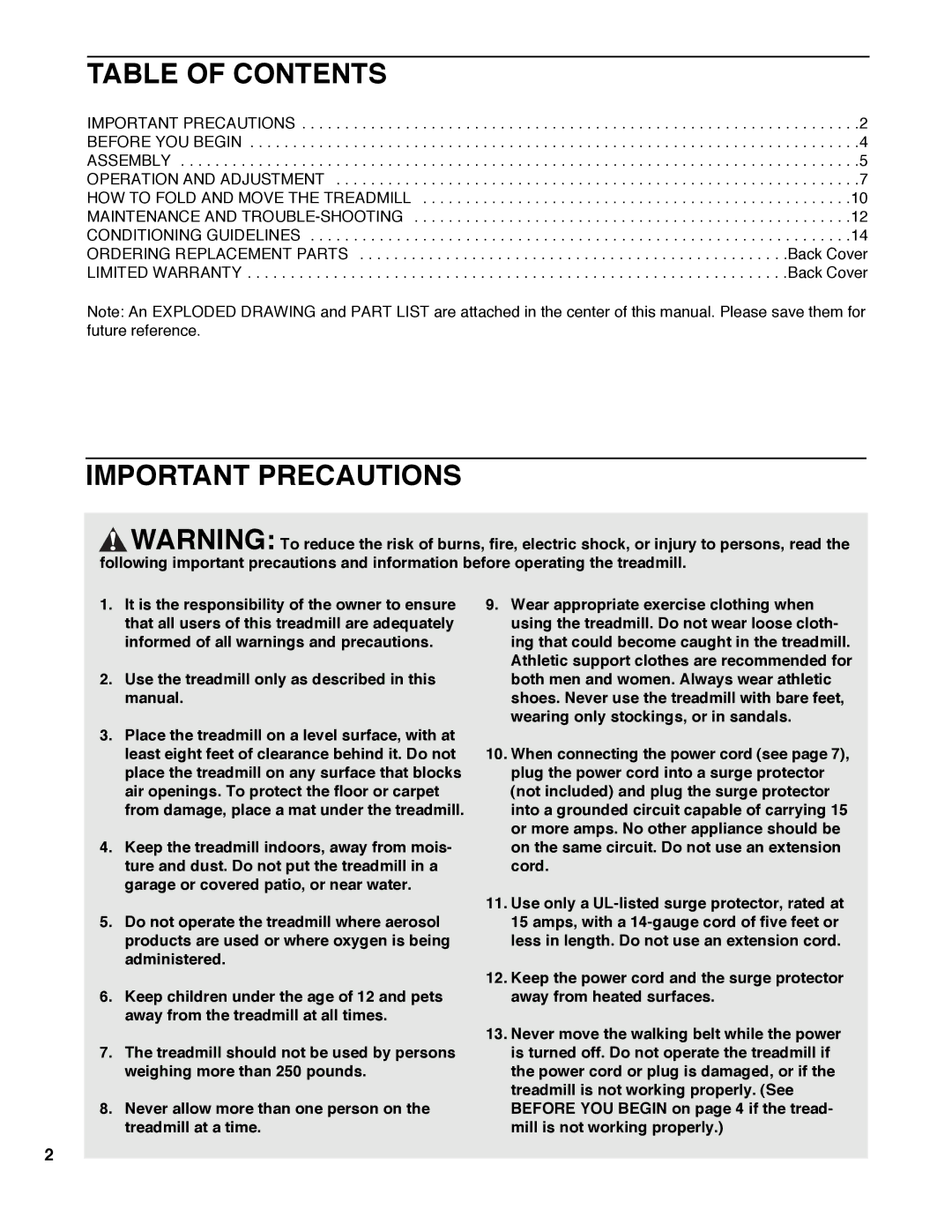 Weslo WLTL33090 user manual Table of Contents, Important Precautions 