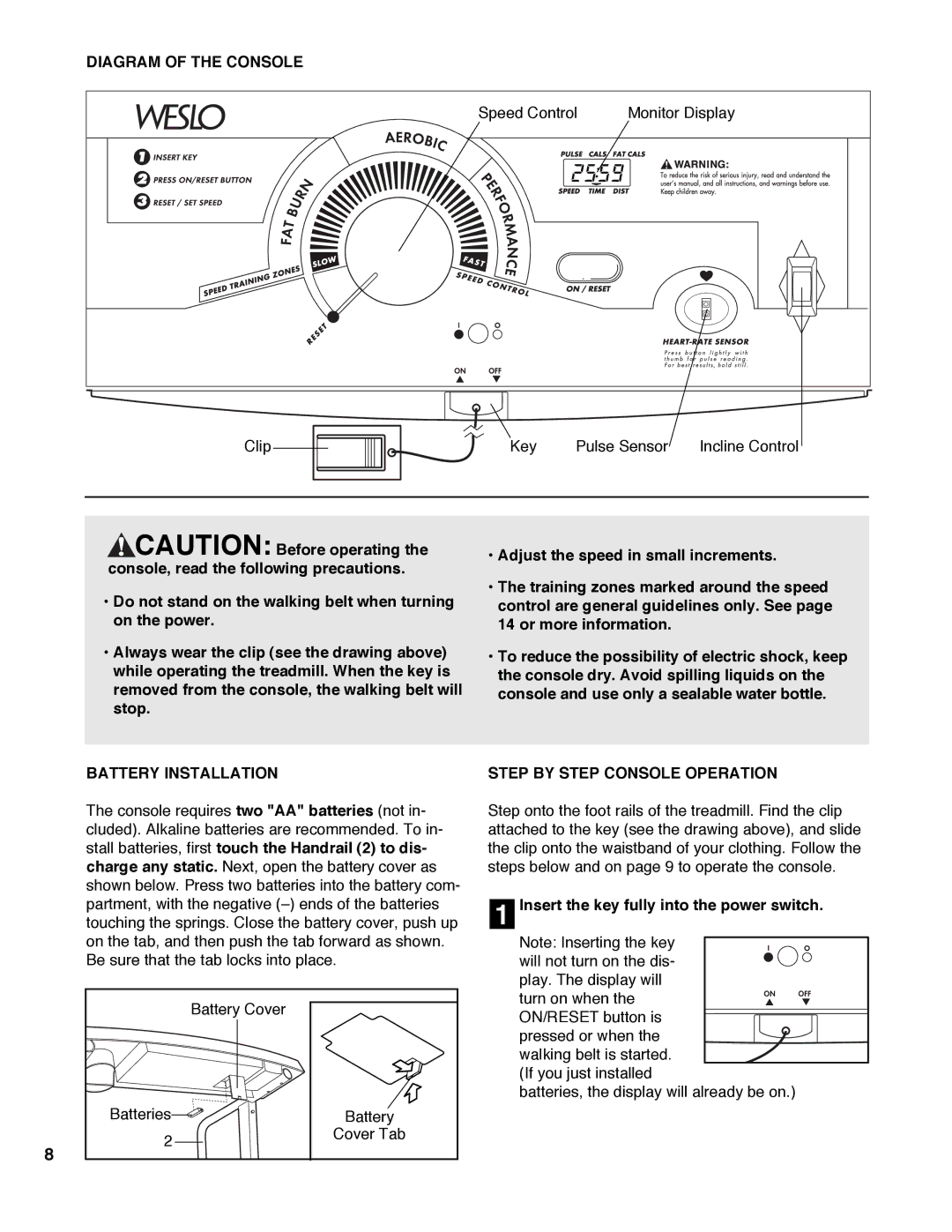 Weslo WLTL33090 user manual Diagram of the Console, Battery Installation, Step by Step Console Operation 