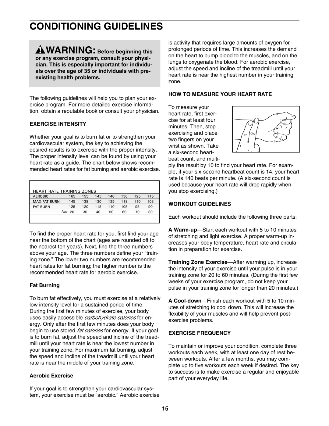 Weslo WLTL33205.0 Conditioning Guidelines, Exercise Intensity, HOW to Measure Your Heart Rate, Workout Guidelines 