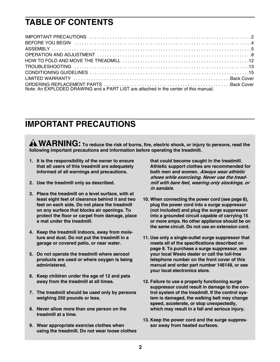 Weslo WLTL33205.0 user manual Table of Contents, Important Precautions 