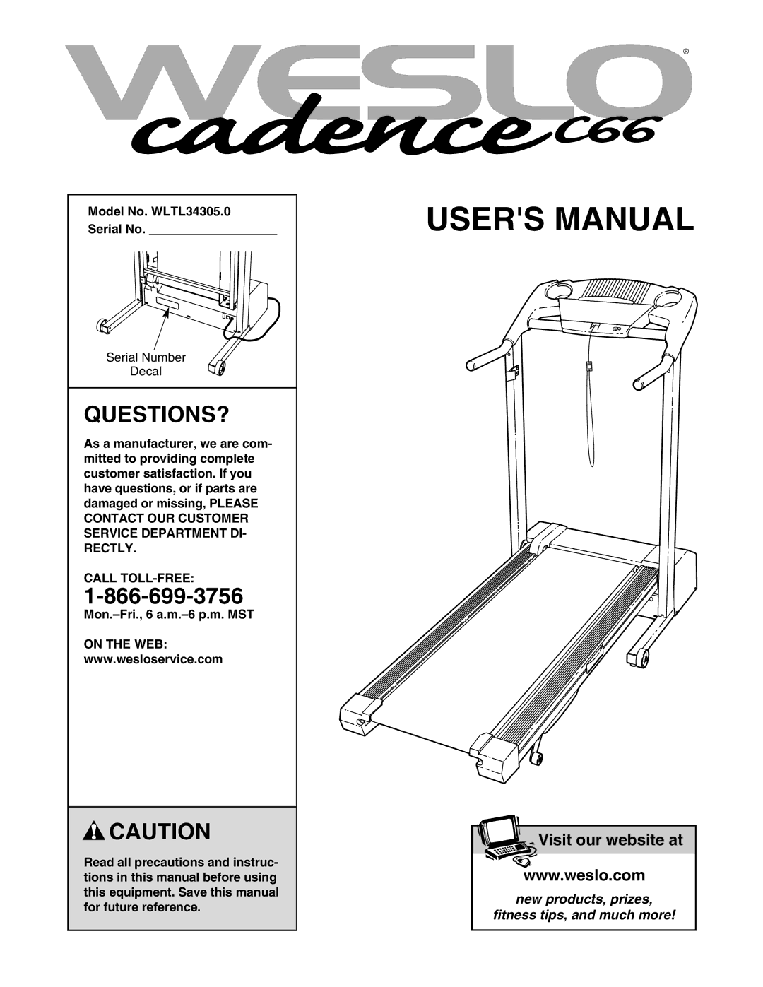 Weslo WLTL34300 user manual Questions?, Model No. WLTL34305.0 Serial No, Call TOLL-FREE, Mon.-Fri., 6 a.m.-6 p.m. MST 