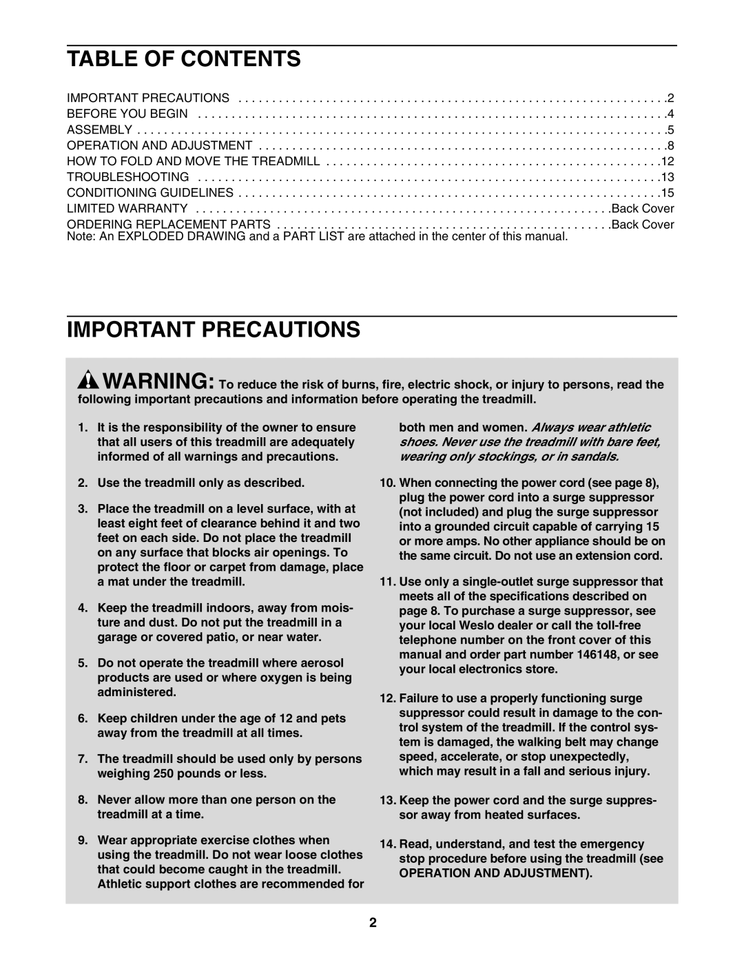 Weslo WLTL34300 user manual Table of Contents, Important Precautions 