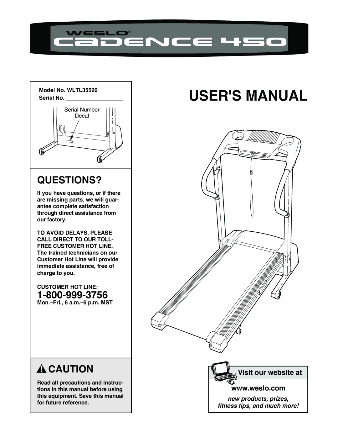 Weslo user manual Questions?, Model No. WLTL35520 Serial No, Customer HOT Line 