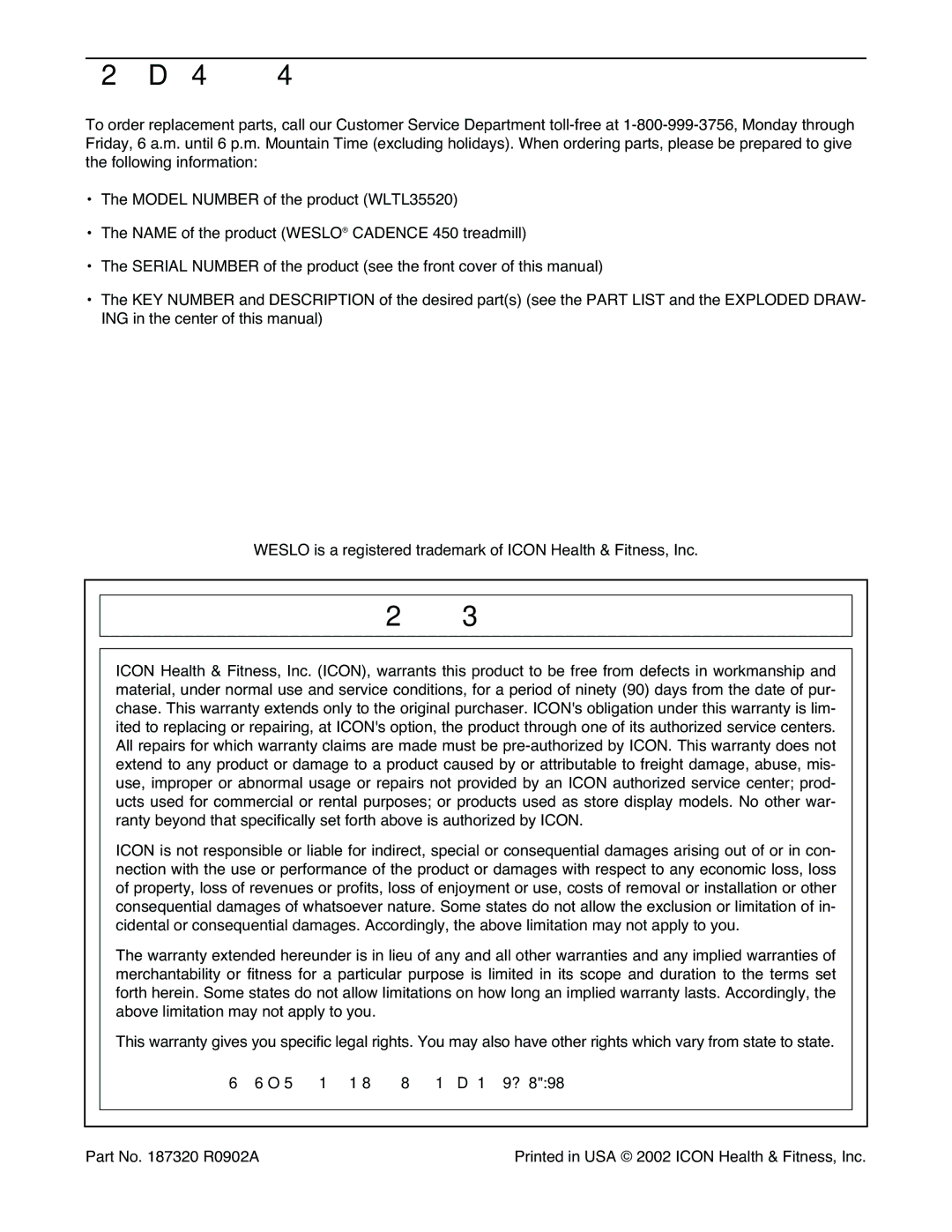 Weslo WLTL35520 user manual Ordering Replacement Parts, Limited Warranty, Icon Health & FITNESS, INC., 1500 S W., LOGAN, UT 