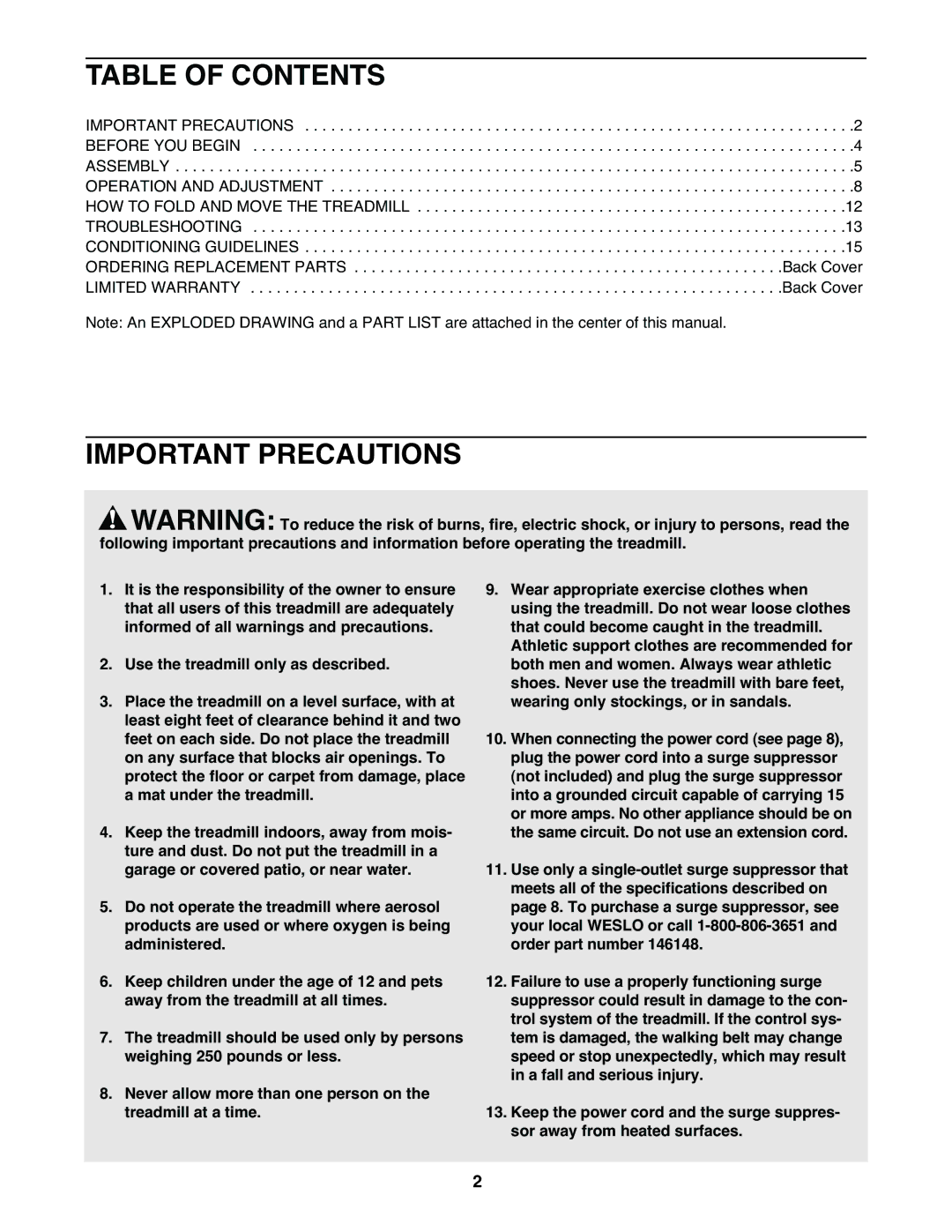 Weslo WLTL35520 user manual Table of Contents, Important Precautions 