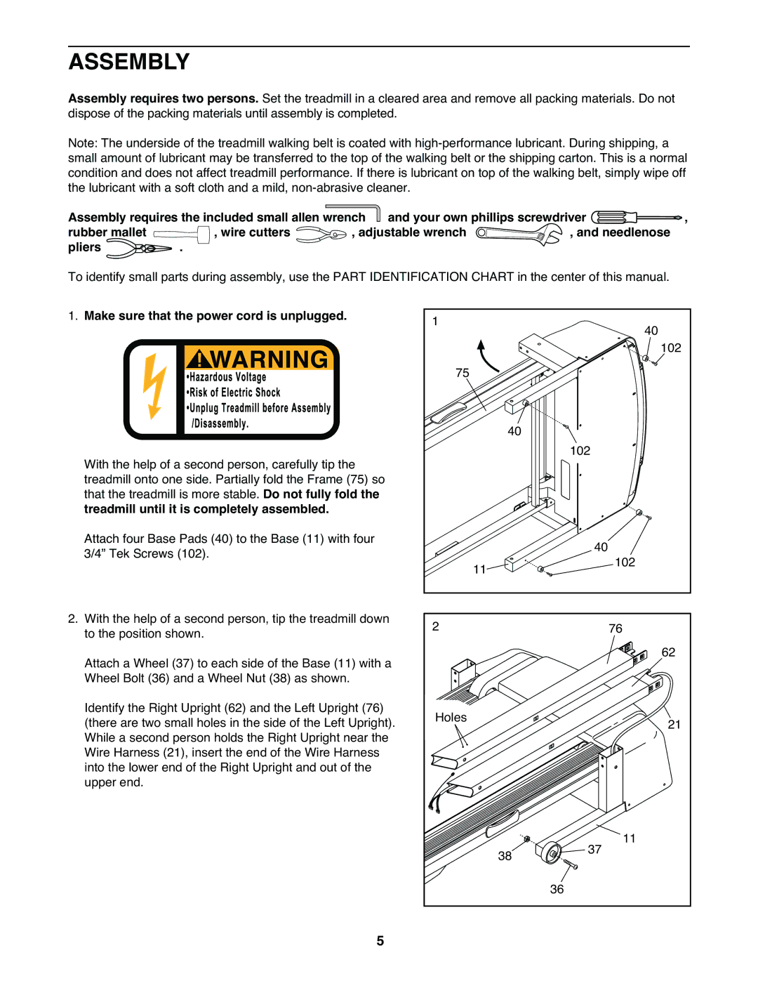 Weslo WLTL35520 user manual Assembly, Make sure that the power cord is unplugged 