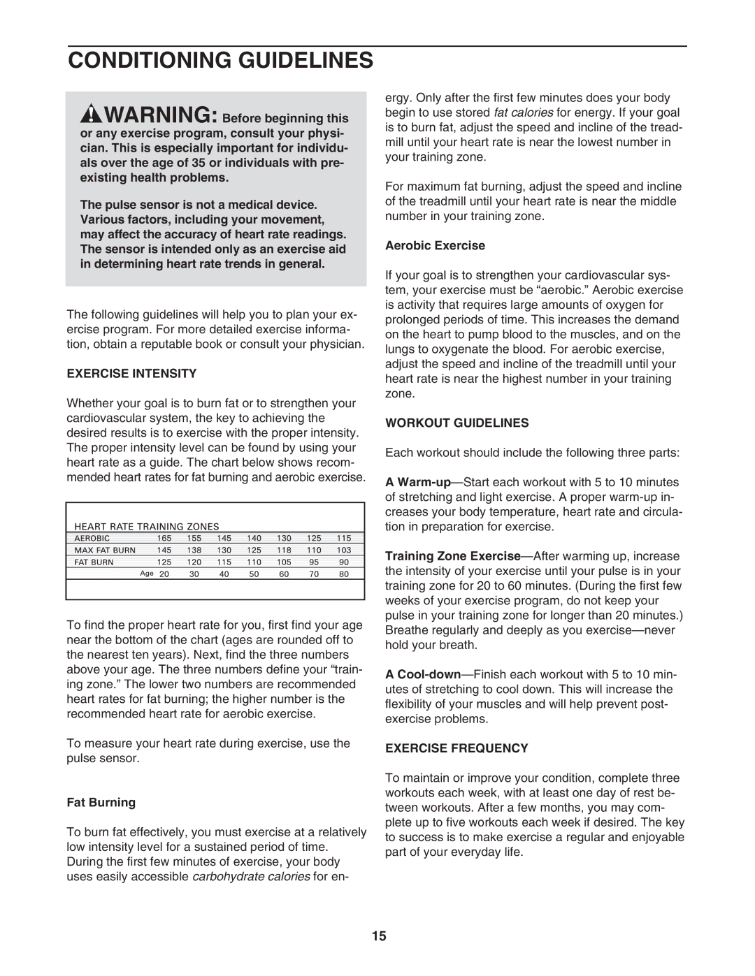 Weslo WLTL35530 user manual Conditioning Guidelines, Exercise Intensity, Workout Guidelines, Exercise Frequency 