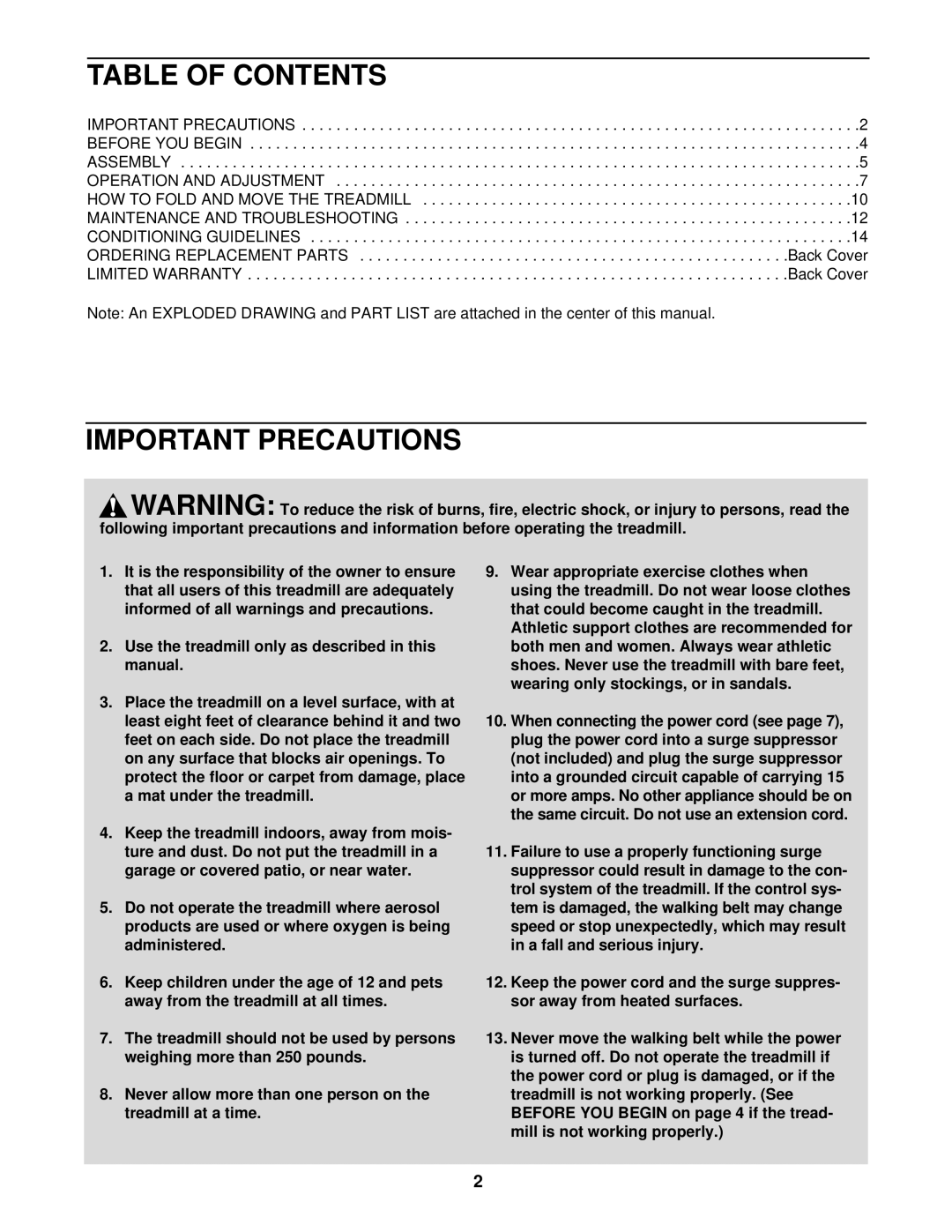 Weslo WLTL39093 user manual Table of Contents, Important Precautions 