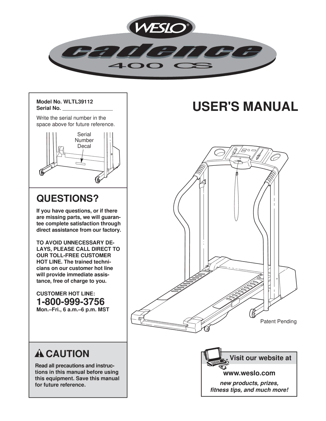 Weslo user manual Questions?, Model No. WLTL39112 Serial No, Customer HOT Line 