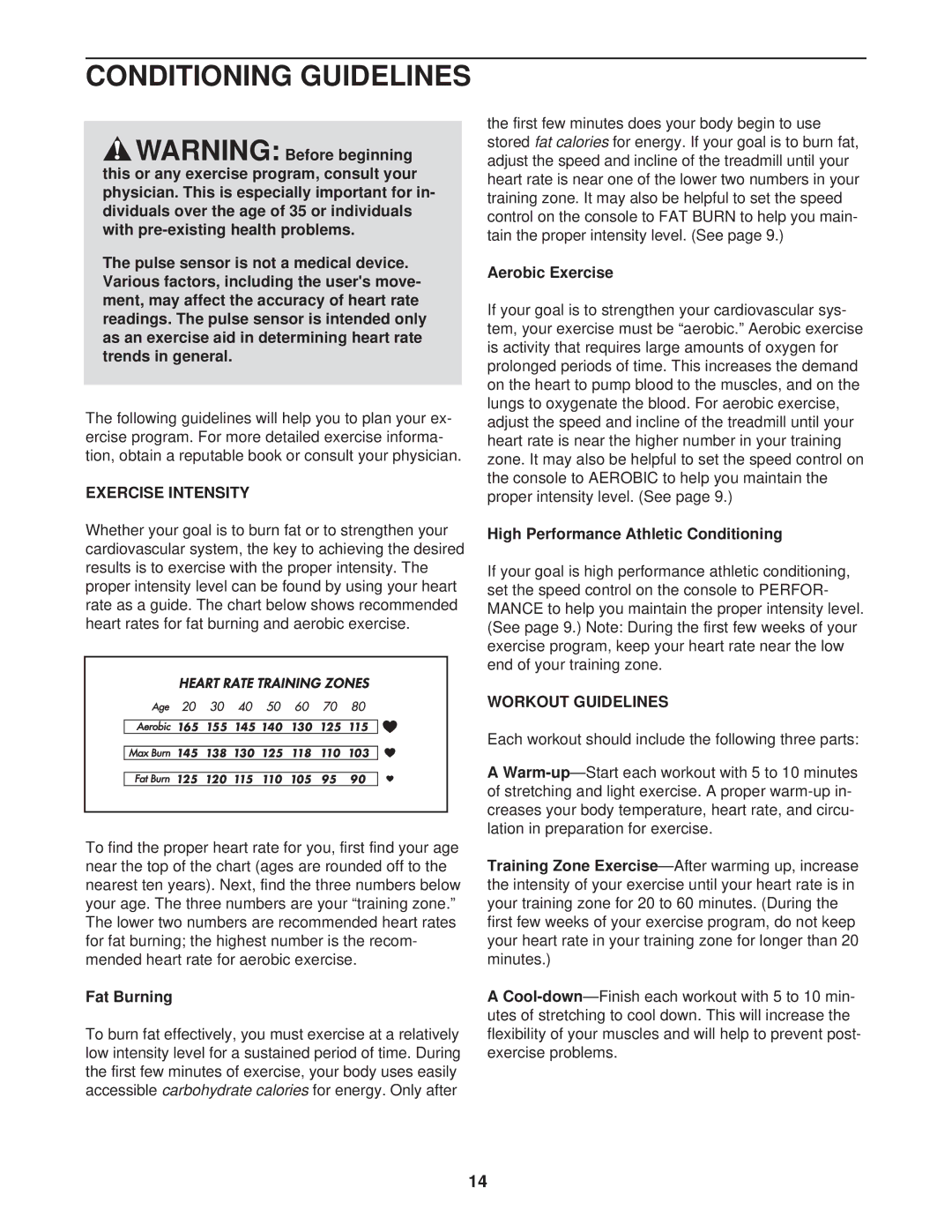 Weslo WLTL39112 user manual Conditioning Guidelines, Exercise Intensity, Workout Guidelines 