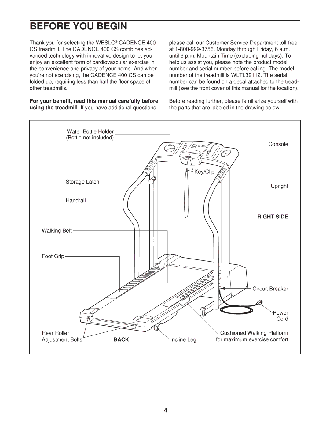 Weslo WLTL39112 user manual Before YOU Begin, Right Side, Back 