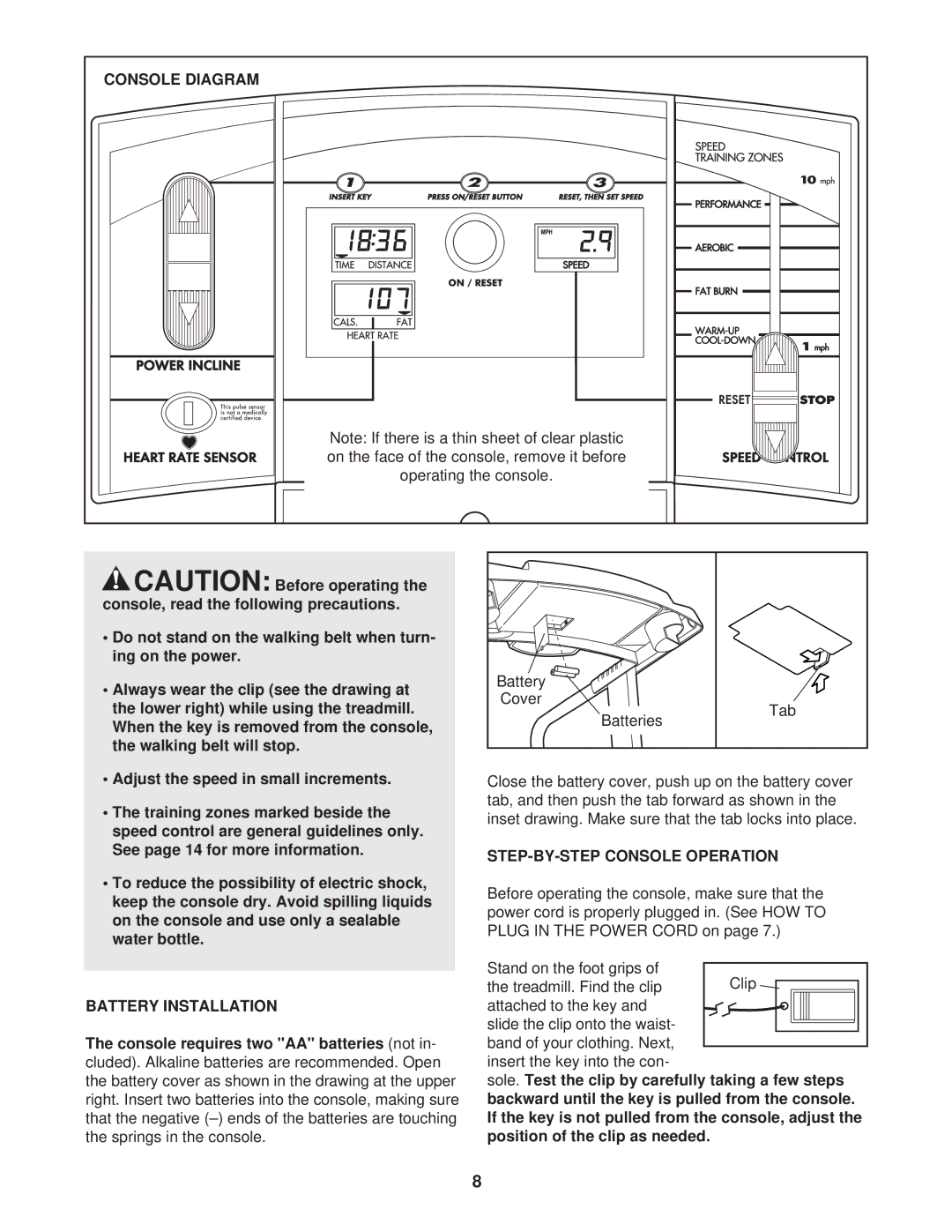 Weslo WLTL39112 user manual Console Diagram, Battery Installation, STEP-BY-STEP Console Operation 