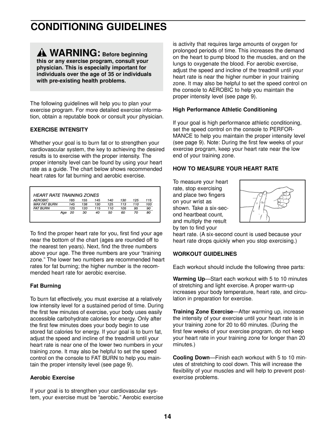 Weslo WLTL39201 user manual Conditioning Guidelines, Exercise Intensity, HOW to Measure Your Heart Rate, Workout Guidelines 