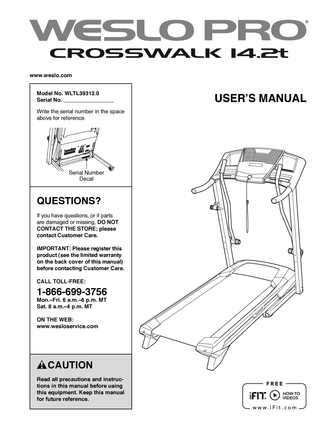 Weslo user manual Questions?, Model No. WLTL39312.0 Serial No, Call TOLL-FREE, On the WEB 