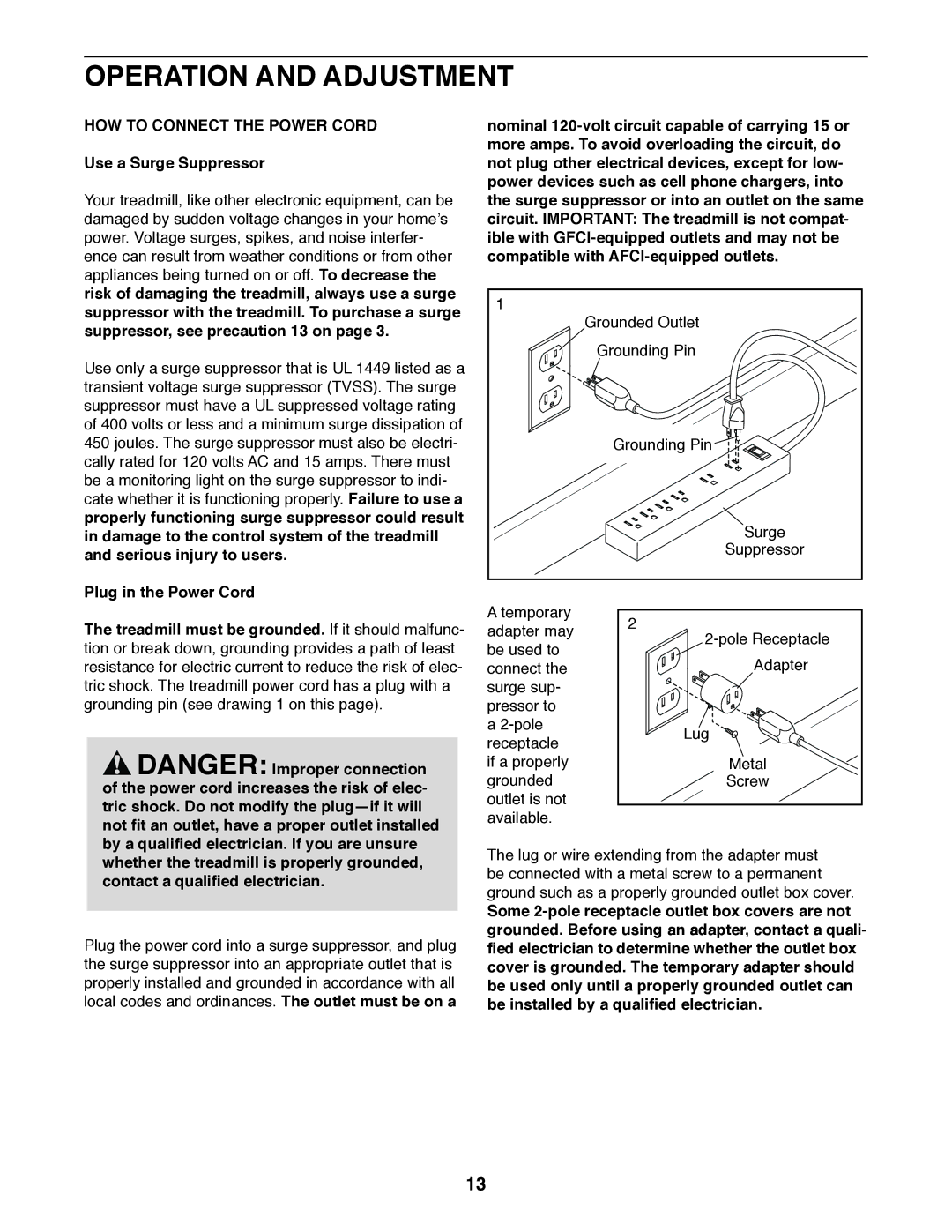 Weslo WLTL39312.0 user manual Operation and Adjustment, HOW to Connect the Power Cord, Use a Surge Suppressor 