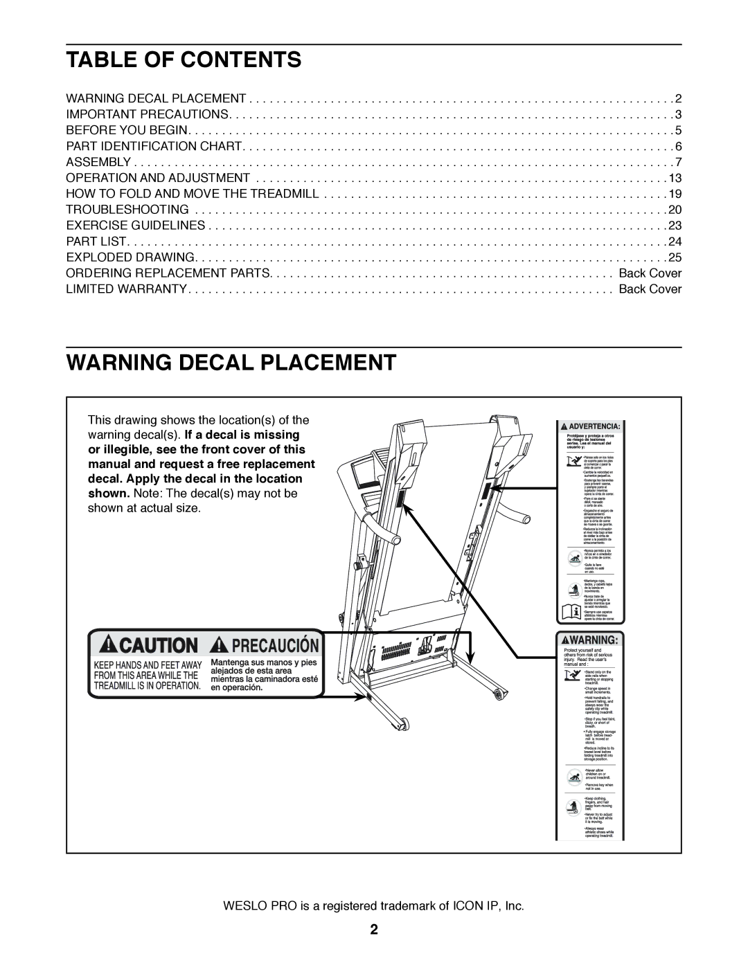 Weslo WLTL39312.0 user manual Table of Contents 