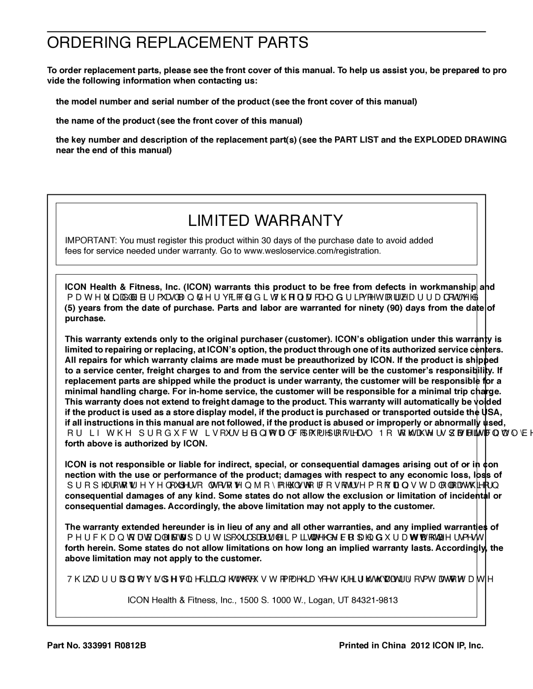 Weslo WLTL39312.0 Ordering Replacement Parts, Limited Warranty, Icon Health & Fitness, Inc., 1500 S W., Logan, UT 