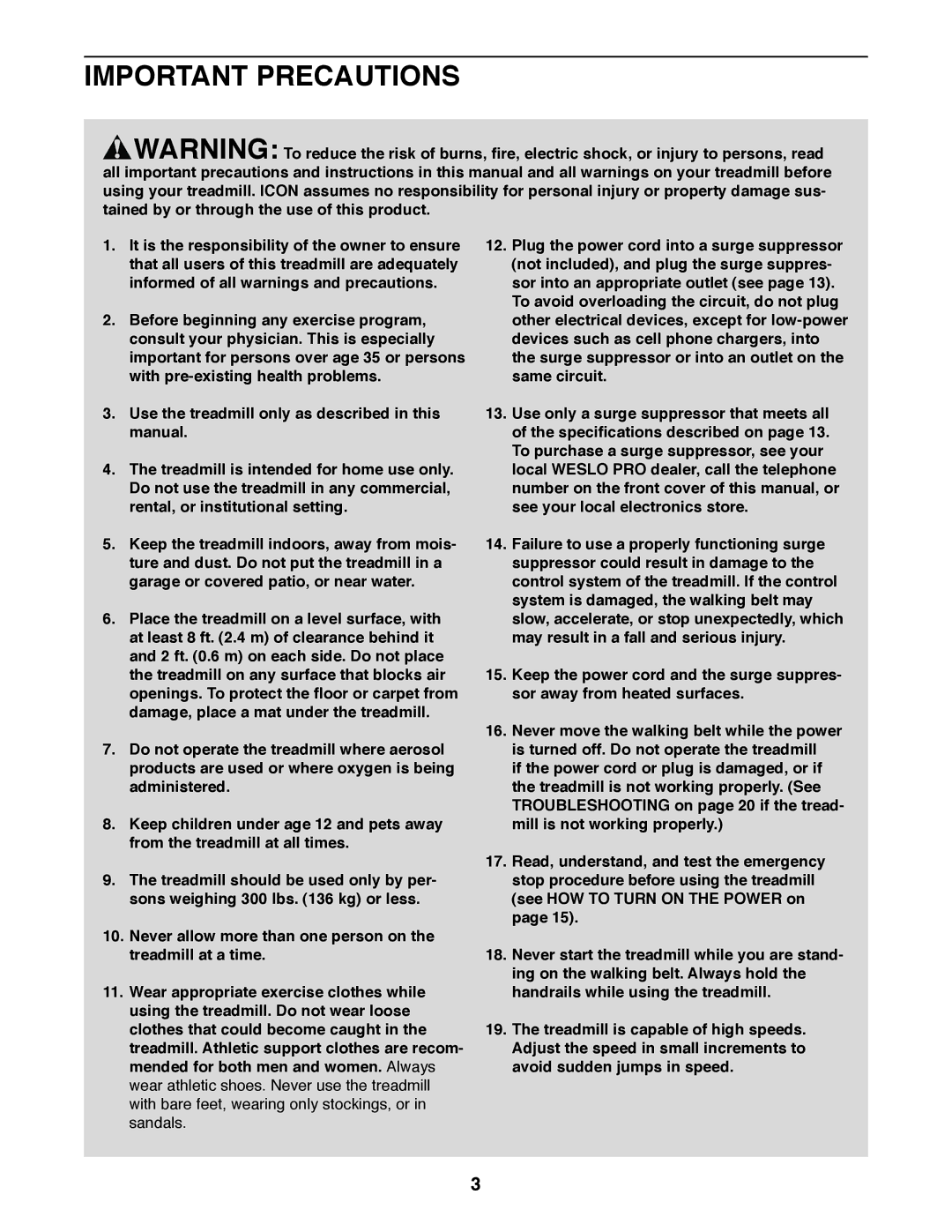 Weslo WLTL39312.0 user manual Important Precautions 