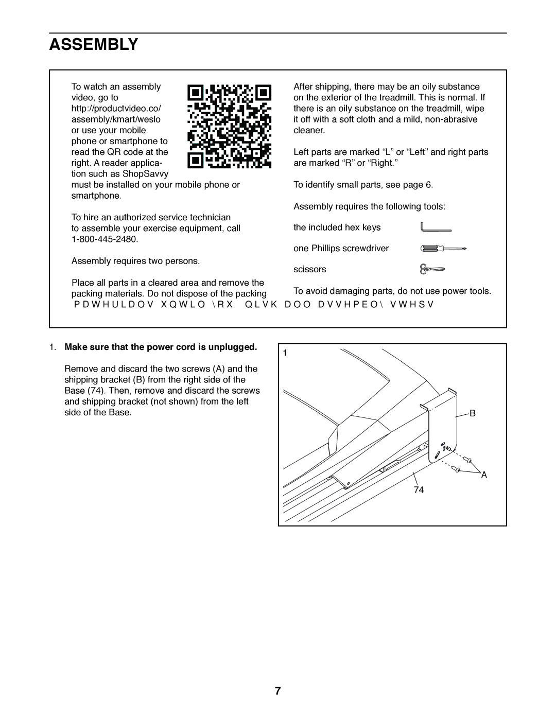 Weslo WLTL39312.0 user manual Assembly, Make sure that the power cord is unplugged 