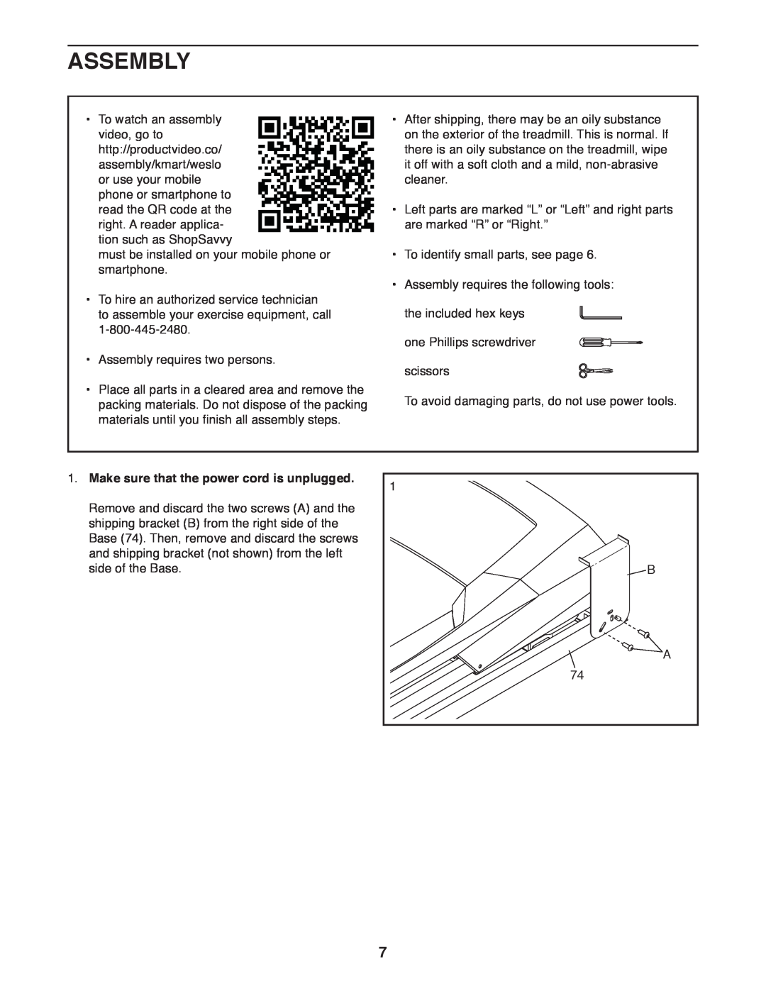 Weslo WLTL39312.0 user manual Assembly, Make sure that the power cord is unplugged 