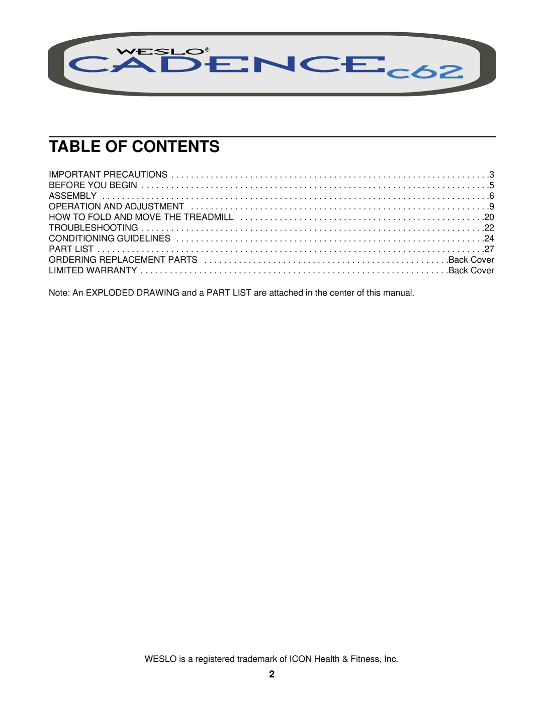 Weslo WLTL39321 user manual Table of Contents 