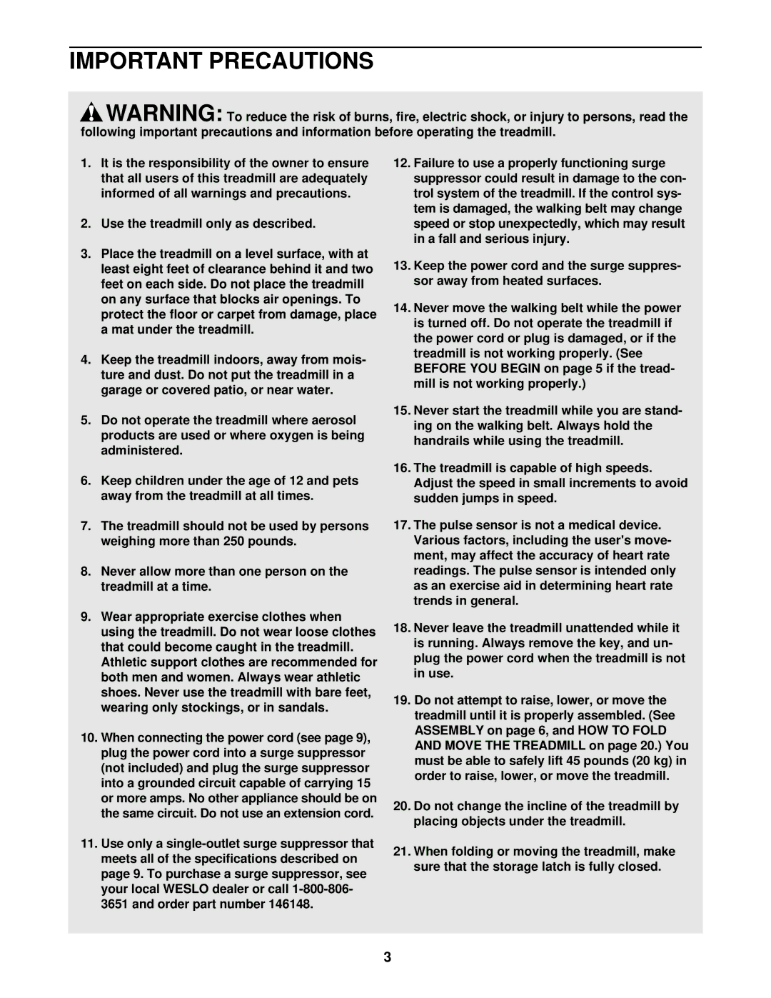 Weslo WLTL39321 user manual Important Precautions 