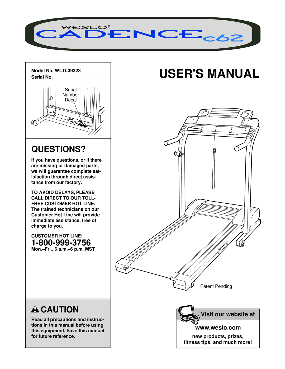 Weslo user manual Questions?, Model No. WLTL39323 Serial No, Customer HOT Line 