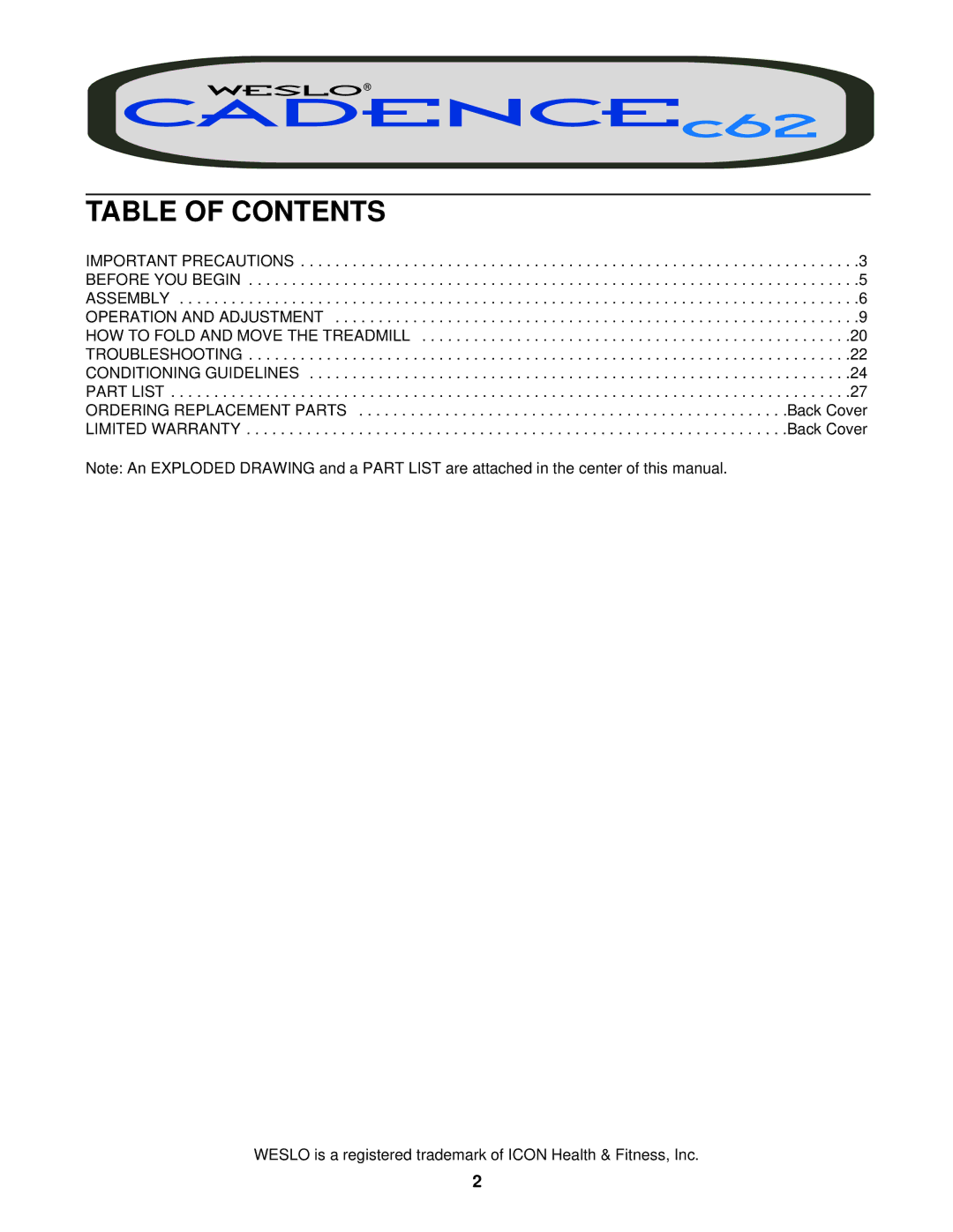 Weslo WLTL39323 user manual Table of Contents 